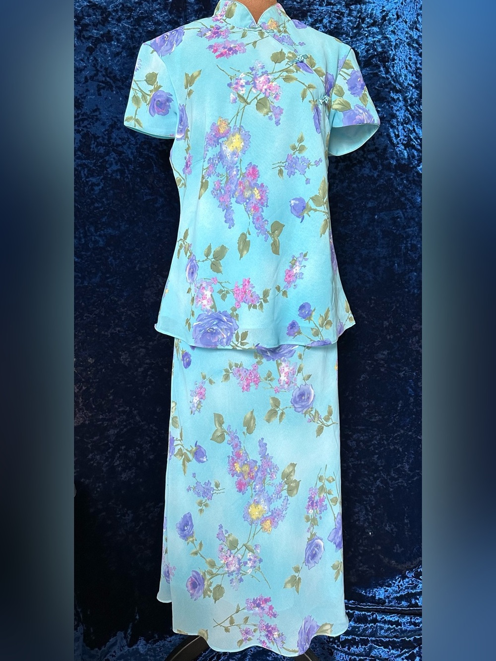 Studio 1 Vintage Women’s Floral Two-Piece Dress Set - Light Blue Asian Style